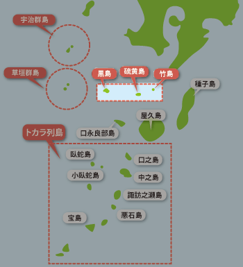 地図：黒島、硫黄島、竹島の位置