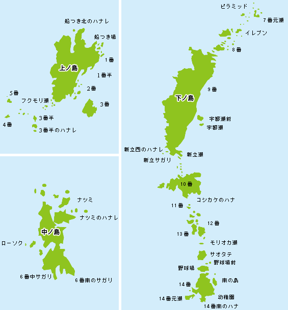 地図：草垣群島の詳細、上ノ島、中ノ島、下ノ島の位置